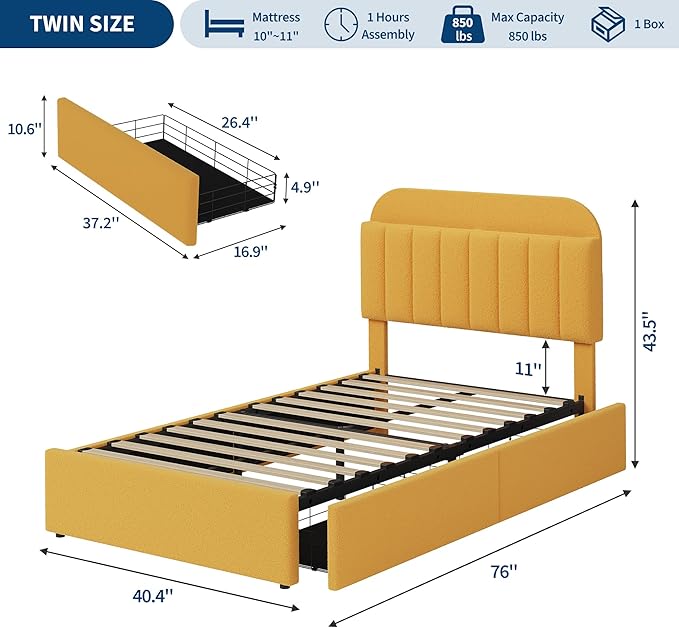 Garvee Twin Size Bed Frame with 2 Flexible Drawers, Boucle Upholstered Platform Bed Frame with Bookcase Headboard, Bedframe for Kids/Girls, Easy Assembly, No Box Spring Needed, Noise Free, Yellow