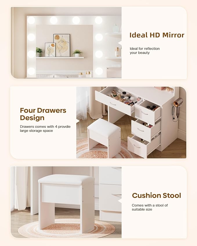 LIVELYGLOW White Makeup Vanity with HD Mirror & 10 LED Bulbs, 34.3" Dressing Table with Charging Station, 4 Drawers, Hairdryer Rack & Cushion Stool, Modern Bedroom Vanity Set