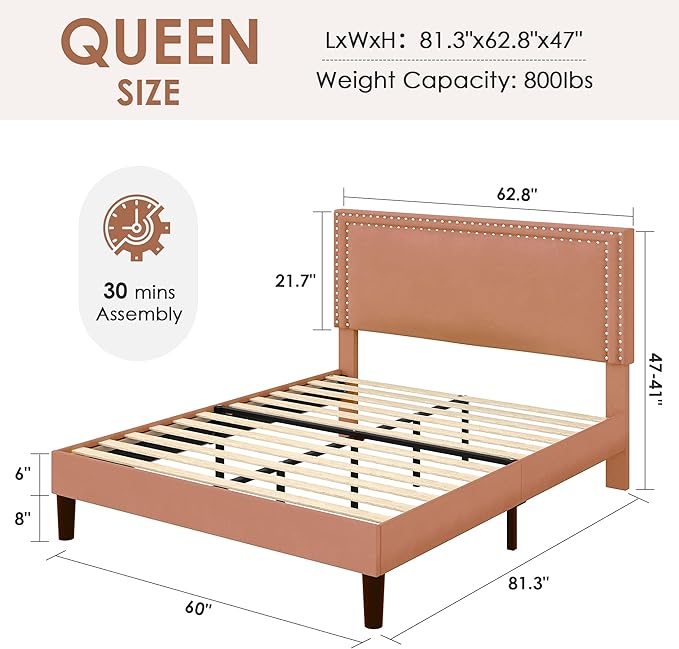 VECELO Queen Size Platform Bed Frame with Height Adjustable Upholstered Headboard, Modern Mattress Foundation,Strong Wood Slat Support, No Box Spring Needed, Easy Assembly,Brown