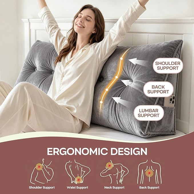 Headboard Pillow Queen, Triangle Wedge Pillow for Headboard, Ergonomic Backrest Cushion for Reading Sitting Working Removable Crystal Velvet Cover for Bed Dorm Sofa (Dark Gray, Queen)