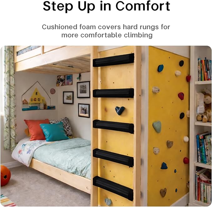 Bunk Bed Ladder Pads 6.5 Ft with 10 Adjustable Straps, Soft Foam Ladder Cover for Loft Bed, Cushioned Step Pads for Comfortable Climbing, Secure Fit, Black