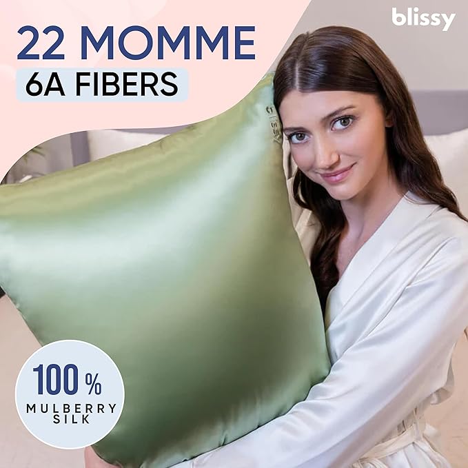 Blissy Silk Pillowcase - 100% Pure Mulberry Silk - 22 Momme 6A High-Grade Fibers - Silk Pillow Cover for Hair & Skin - Regular, Queen & King (Olive, Queen)
