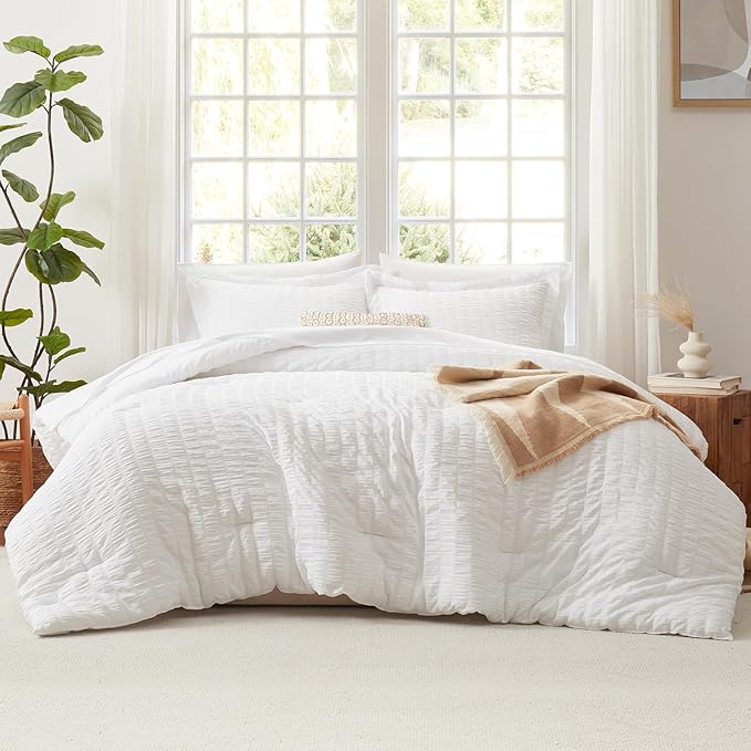 CozyLux California King Comforter Set with Sheets 7 Pieces, White Seersucker Bed in a Bag Cal King Luxury Soft Bedding Sets with Down Alternative Comforter, Sheets, Pillowcases & Shams for All Season
