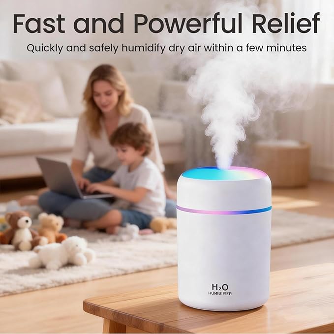 Portable Colorful Cool Mini Humidifier, USB Personal Desktop Humidifier,. Perfect for Bedroom, Office & Car(300ml, White)