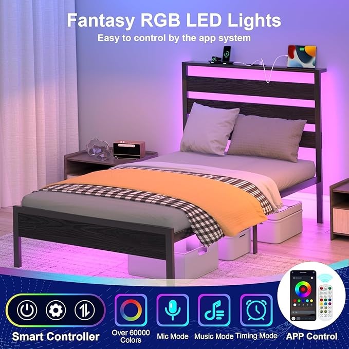 J.Fkne Twin Bed Frame with Headboard, Platform Bed with LED & Charging Station, Heavy Duty Metal Slats, No Box Spring Needed, Noise Free, Easy Assembly, Black
