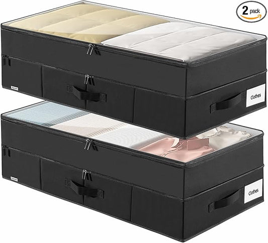 Supowin Large Under Bed Storage Containers, 2-Pack Double Layer Underbed Storage Bins with 3 Handles, 70L Extensible/Closed Clothes Storage Organizer with Sturdy Bottom Sidewalls, Black