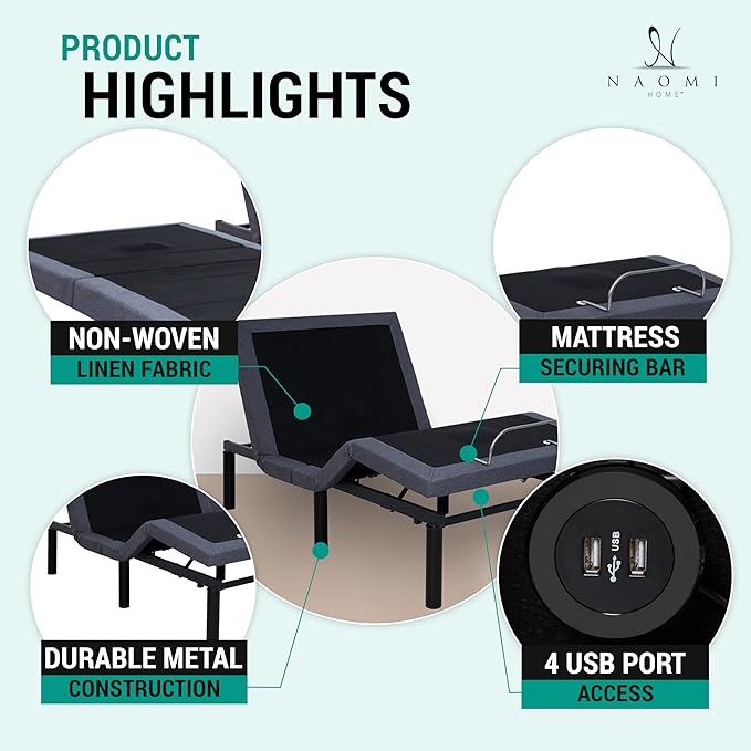 Idealbase adjustable bed frame twin with Lumbar Support & Head Tilt, Foot Incline, Back & Leg Massage, USB Ports, Massage Bed with Wireless Remote, Assembly Needed, Ergonomic Zero-Gravity Smart Bed