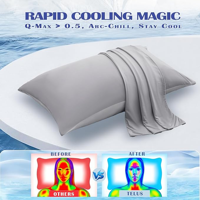 TELUS Cooling Pillowcases Standard Size 2-Pack, Silky Soft Breathable Pillow Case with Envelope Close, Stay Cool Pillow Cover for Hot Sleepers and Night Sweats, 20x26 Inch, Grey