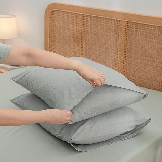 BESTOUCH 100% Washed Cotton Pillowcase for Hair and Skin Linen Feel Soft Comfortable Breathable 2 Set Pillow Case with Envelope Closure Solid Northern Droplet Grey King 20x36 Inches