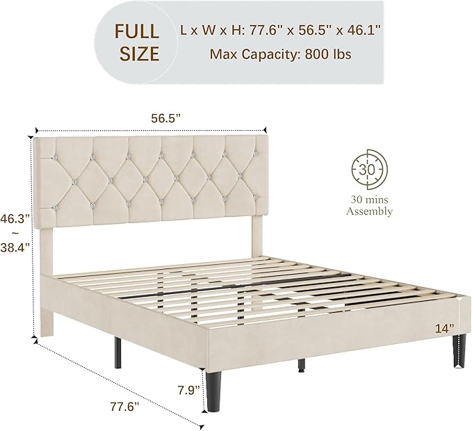 VECELO Full Size Bed Frame with Diamond Tufted Headboard, Upholstered Platform Bedframe with Wood Slat Support, No Box Spring Needed, Pala Beige