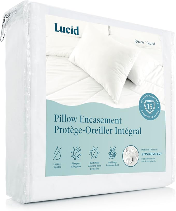 LUCID Zippered Pillow Encasement – Waterproof King Size Pillow Protector – Shields All Sides – Quiet cover – White