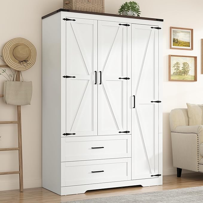 St.Mandyu Farmhouse Wardrobe Armoire Closet with 3 Doors and 2 Drawers, 70.1" Wooden Clothing Storage Cabinet, Freestanding Large Capacity Storage Wardrobe Armoire with Hanging Rod for Bedroom, White
