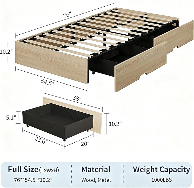 IDEALHOUSE Full Bed Frame with 2 Storage Drawers, Wooden Bed Frame Without Headboard, Minimalist Floor Platform Bed, Wood Slat Support, Noise Free, No Box Spring Needed, Easy Assembly