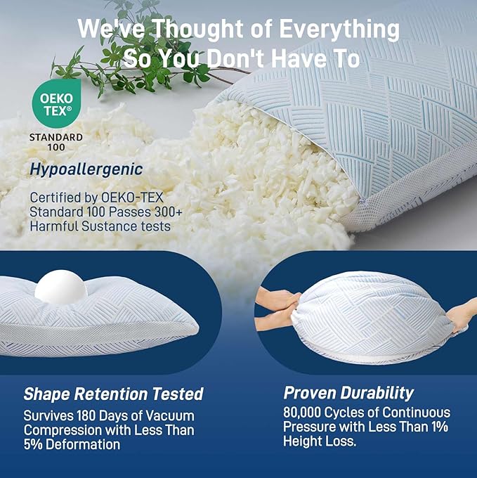 Lyralith Shredded Memory Foam Cooling Soft Bamboo Viscose Pillows Queen Size Set of 2, Adjustable Hypoallergenic Hotel Quality Bed Pillows for Side, Stomach or Back Sleeper, Oeko-TEX Certified
