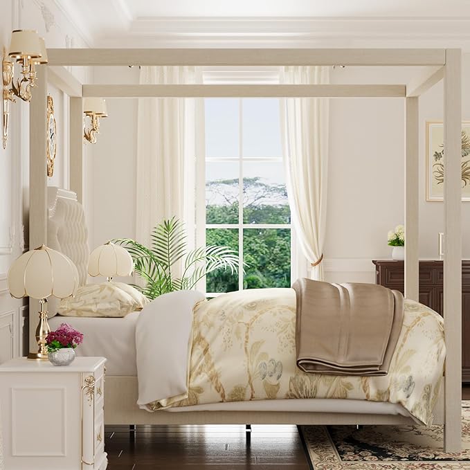 GarveeHome Upholstered Canopy Bed Frame Queen Size with headboard, Button Tufted, Nailhead Trim Design, No Box Spring Required, Beige(Shipped in 2 Boxes)
