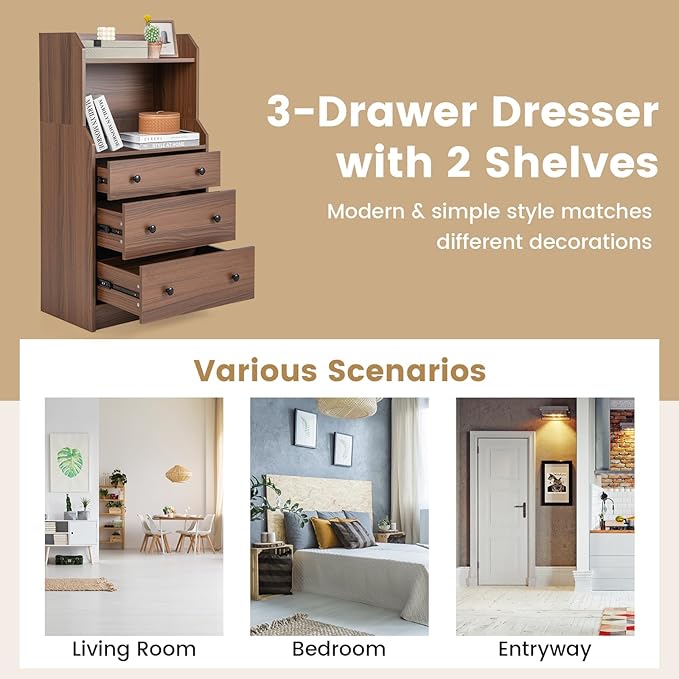 Tall 3 Drawers Dresser, Wood Chest of Drawers with 2 Open Shelves, Modern Nightstand with Anti-Toppling Device, Home Storage Cabinet Dresser Closet for Bedroom, Living Room, Entryway (Walnut)