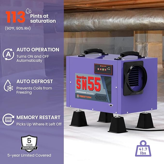 Abestorm Crawl Space Dehumidifier with Hose, 113 Pint Commercial Dehumidifiers Up to 1,200 sq. ft. for Basement, Under House, Humidity Control, Auto Defrosting, Memory Starting(Guardian SN55)
