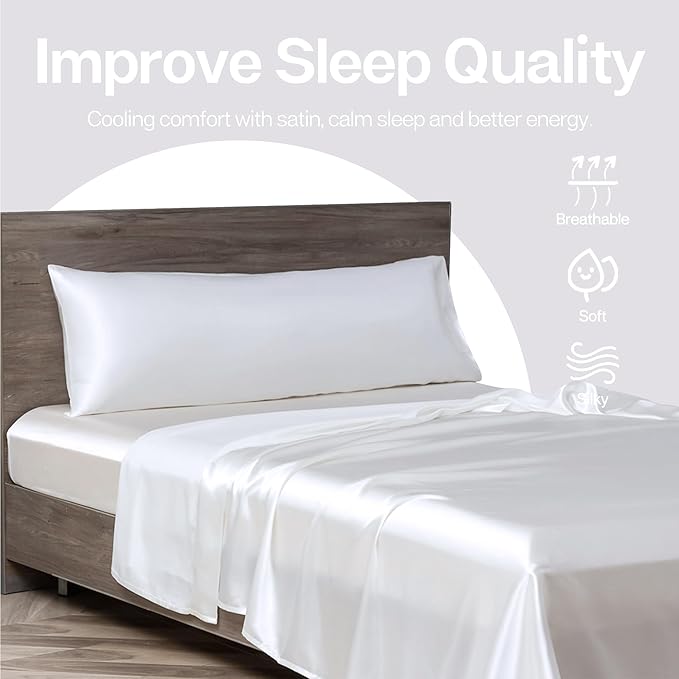 MR&HM Satin Body Pillow Cover, Soft and Breathable Body Pillow Case with Envelope Closure, Cooling and Silky Long Pillowcase for Hair and Skin,Grey (20x54, White)