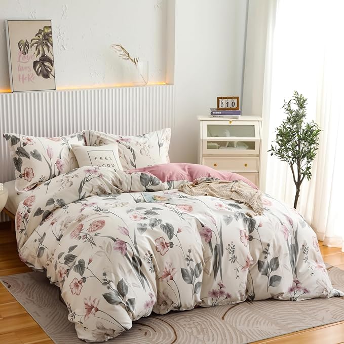OAITE Duvet Cover Set Twin Size Floral Pattern 600 Thread Count Ultra Soft 100% Long Staple Cotton Duvet Cover Sets 3-PC, Breathable Duvet Cover with Zipper Closure & Corner Ties