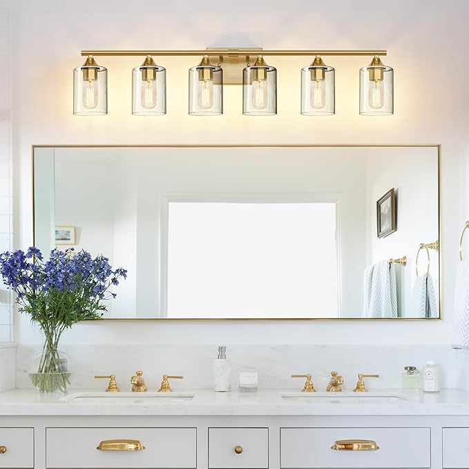 6-Light Gold Vanity Light,Bathroom Light Fixtures,Modern Brushed Brass Gold Wall Sconce Lighting,Bathroom Wall Lamp for Mirror Bedroom Living Room Vanity Table Hallway