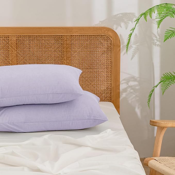 BESTOUCH 100% Washed Cotton Pillowcase for Hair and Skin Linen Feel Soft Comfortable Breathable 2 Set Pillow Case with Envelope Closure Solid Taro Purple King 20x36 Inches