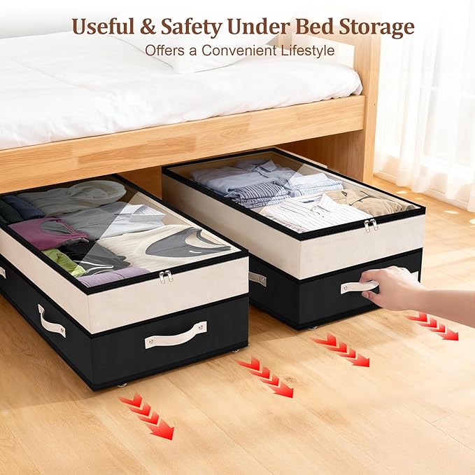 Dolicer 2 Pack Under Bed Storage with Wheels, 6in-10in Height Adjustable Underbed Storage Containers, 92L XXXL Under Bed Drawers Rolling Bin with Clear Lids for Dorm Shoes Clothes Organizers(Black)