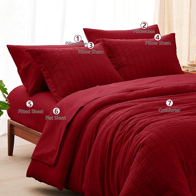 CozyLux Oversized Queen Comforter Set Dark Red Seersucker 7 Pieces 98x98 Bed in a Bag Comforter Set with Sheets, Luxury Bedding Sets with Down Alternative Comforter, Sheets, Pillowcases & Shams