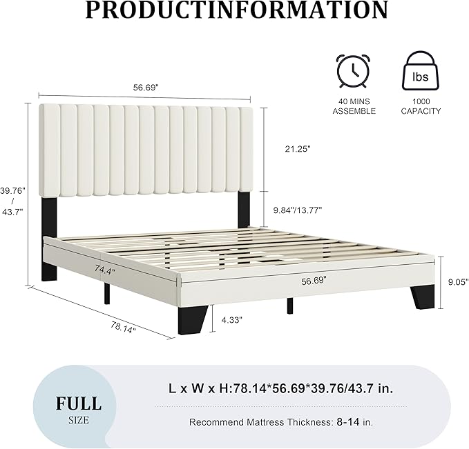 Full Bed Frame, Velvet Upholstered Platform Bed Frame with Adjustable Headboard, Vertical Quilted Design, Sturdy Slatted Mattress Base, Easy to Assemble, White