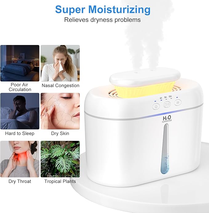 COO Humidifiers for Bedroom, 2L Tank for Large Room, 30 Hour Runtime, 28dB Quiet Cool Mist Humidifier for Home, Baby Nursery, Plants, Indoor, Office, Easy to Fill & Clean,Night Light and Auto Shut-off