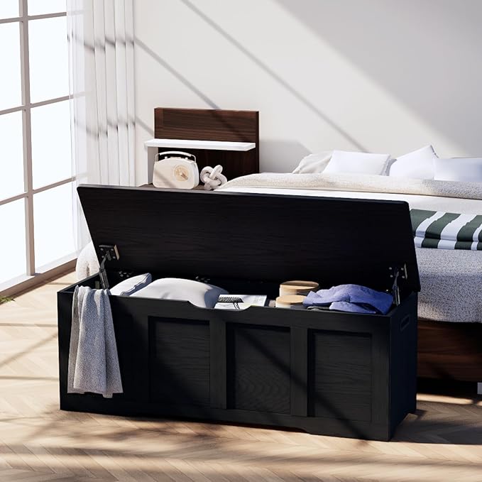 Timberer 47.2" Storage Chest, Extra Large Storage Trunk with 2 Safety Hinges, Wooden Storage Bench, Shoe Bench, Entryway Bench for Living Room, Bedroom, Black