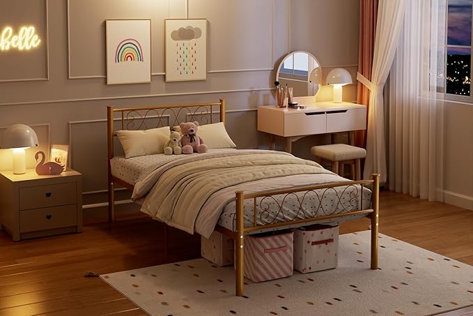 GarveeHome Twin Size Metal Bed Frame with Headboard & Footboard 13.7 Inch Metal Platform Mattress Foundation Support with Strong Metal Slats, Under Bed Storage, No Box Spring Needed