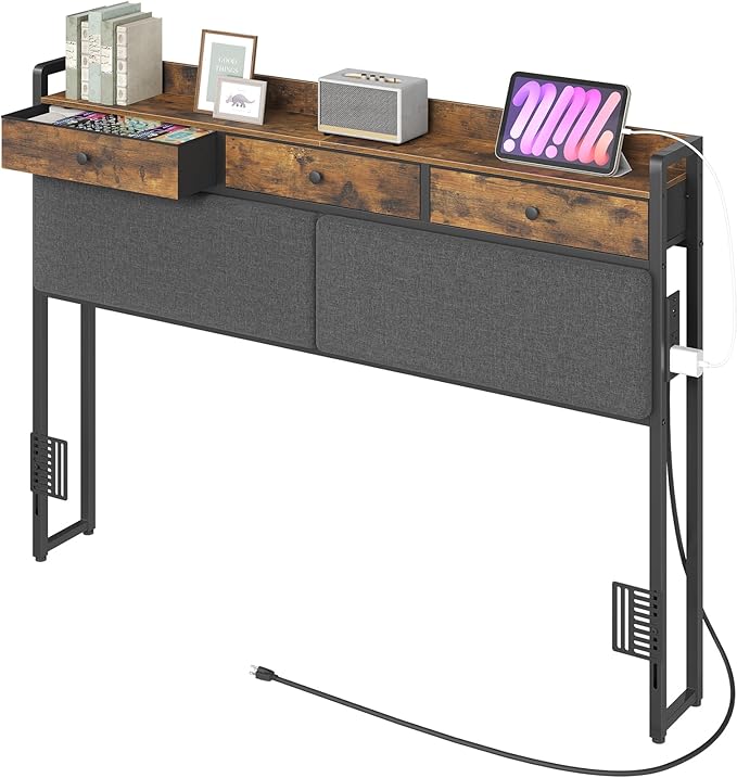 YATINEY Queen Size Headboard Only with Storage and Non-Woven Fabric Drawers, Head Board Queen Size with Charging Station, Height Adjustable, for Bedroom, Rustic Brown and Black