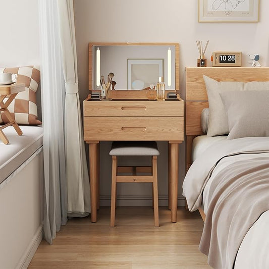 Muwuele Solid Wood Small Vanity Desk with Mirror and Lights, Narrow Makeup Vanity for Small Space, Flip Top Vanity Side Table, 3 Color Modes & Adjustable Brightness, 23.6" Slim Dressing Table, Natural