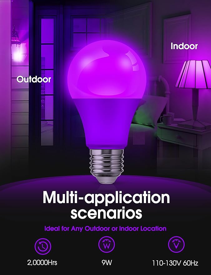 L LOHAS LED Halloween Purple LED Light Bulbs Outdoor, A19 9W(60W Equivalent) Purple Colored Light Bulb, E26 Base, Non-Dim, 4-Pack