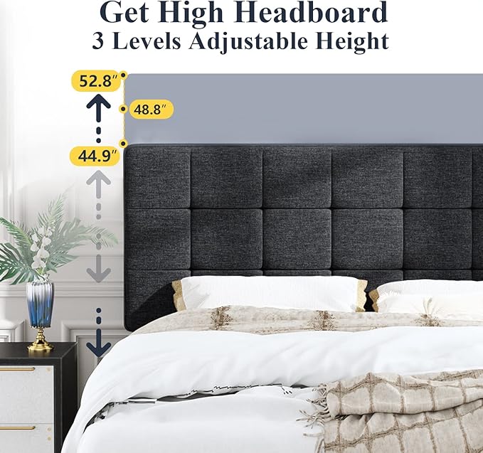 Allewie Full Size Panel Bed Frame with Adjustable Headboard for High Profile/Fabric Upholstered/Square Stitched Padded Headboard/Box Spring or Bunkie Board Required/Dark Grey