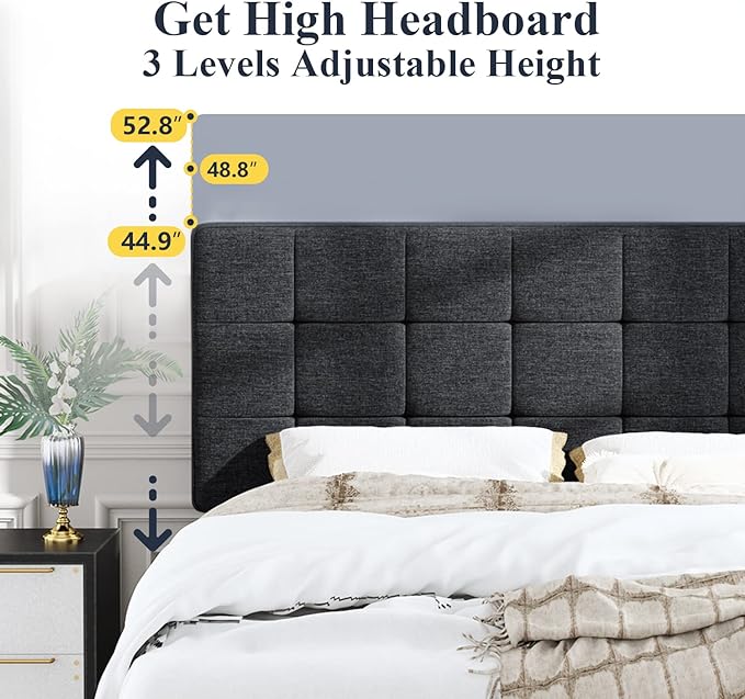 Allewie Queen Size Panel Bed Frame with Adjustable Headboard for High Profile/Fabric Upholstered/Square Stitched Padded Headboard/Box Spring or Bunkie Board Required/Dark Grey