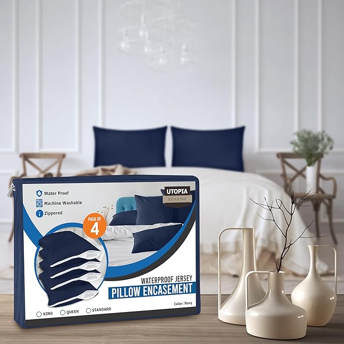 Utopia Bedding Premium 100% Waterproof Pillow Protectors with Zipper Queen Size (Set of 4), Bed Bug and Dust Mite Proof Zippered Pillow Covers, Pillow Encasement Cases, Navy