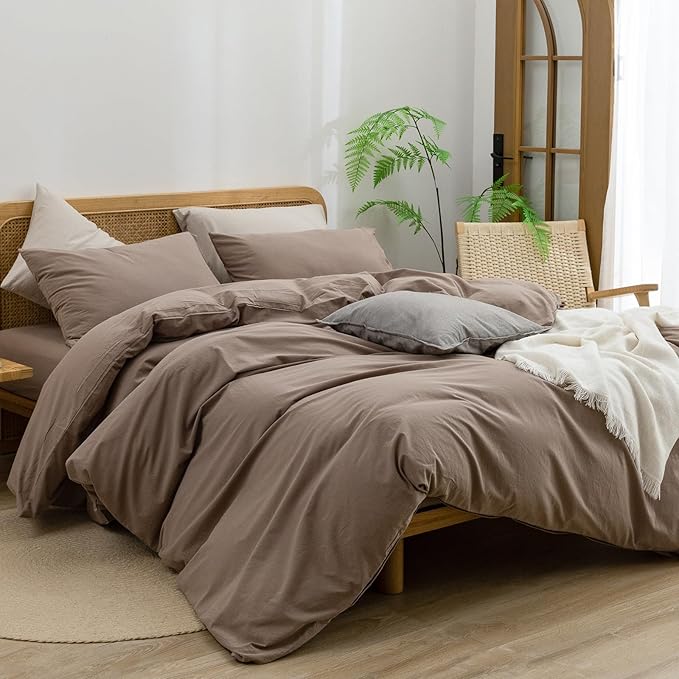 BESTOUCH Duvet Cover Set 100% Washed Cotton Linen Feel Super Soft Comfortable Chic Lightweight 3 PCs Home Bedding Set Solid Pine Bark Brown Queen