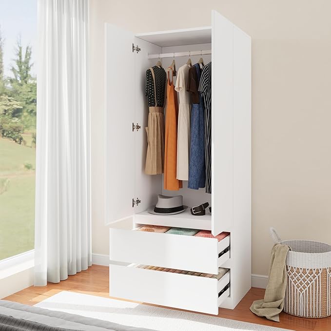 Wooden Armoire Wardrobe Closet with 2 Doors, 79" Bedroom Wardrobe with 2 Drawers, Cabinet for Clothes with Hanging Rod & Shelves, Freestanding Closets for Bedroom (White, 1)