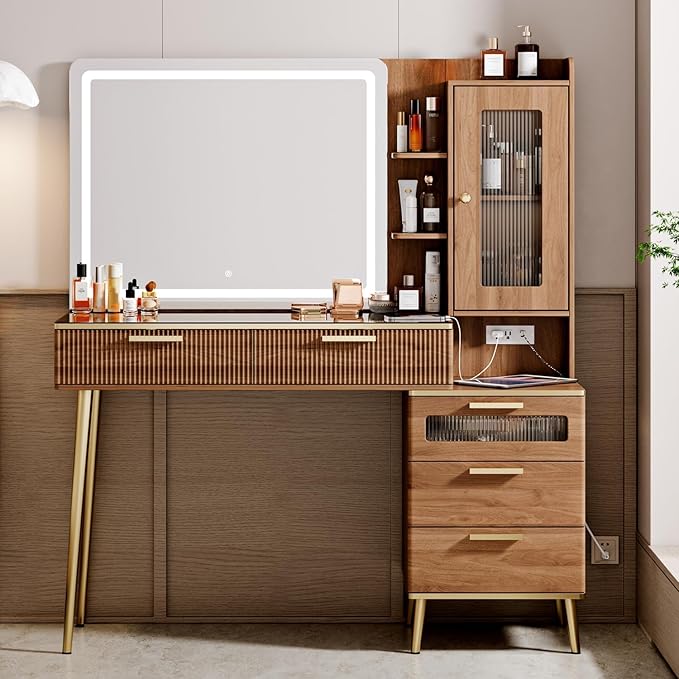 Arulvmrn Vanity Desk with 29.53" HD Lighted Mirror, 47.24" Big Modern Vanity Desk with Mirror and Lights, Makeup Vanity with 5 Drawers and Storage Shelves and Charging Station,Brown