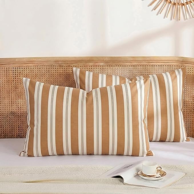 Merryword Khaki Striped Pillowcases, 100% Cotton Pillow Cases, Queen Size Pillowcases, Luxury Linen Like Pillowcase, Soft Breathable Stripe Pillow Covers, Set of 2