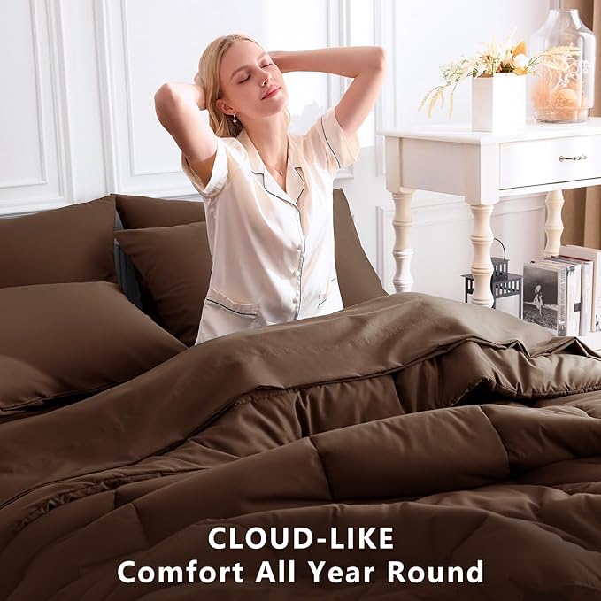 CozyLux Oversized Queen Comforter Sets Brown, 7 Pieces Bed in a Bag, Ultra-Soft All Season Bedding Sets with Stitch Quilted Comforter, Flat Sheet, Fitted Sheet, Pillowcases