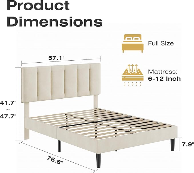 VECELO Full Size Bed Frame with Upholstered Headboard, Heavy-Duty Bedframe with Strong Wooden Slats Support, No Boxing Spring Needed, Pale Beige