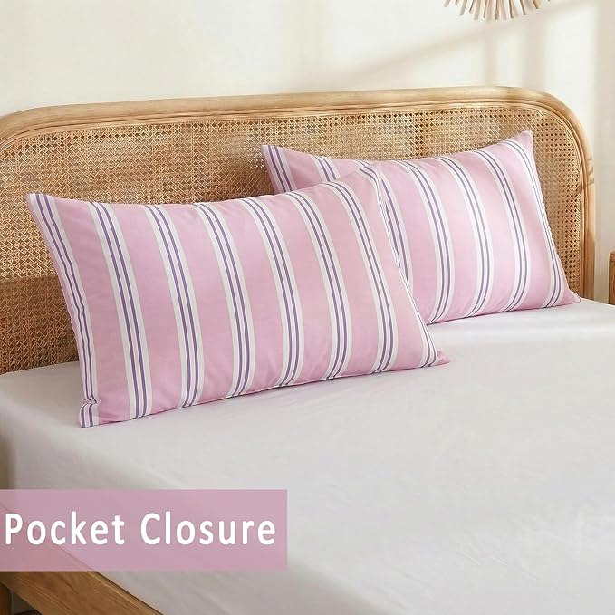 Merryword King Size Pillowcases, 100% Cotton Pillow Cases, Purple Striped Pillowcases, Soft Breathable Ribbon Stripe Pillow Covers, Set of 2