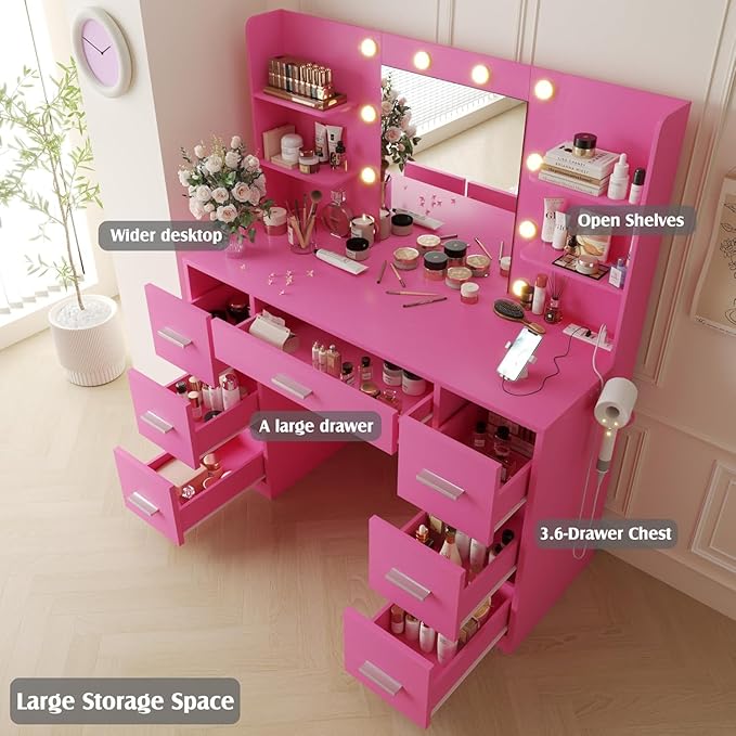 YESHOMY Vanity Desk with Mirror, Power Outlet and 10 Lights, Makeup Table with 7 Drawers, 3 Color Modes Available for Bedroom, Dark Pink