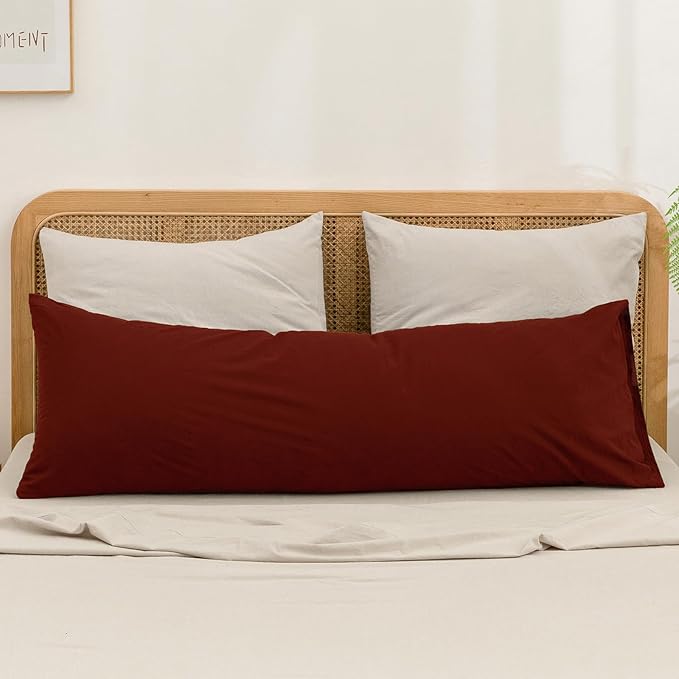BESTOUCH 100% Washed Cotton Pillowcase for Hair and Skin Linen Feel Soft Comfortable Breathable 1 Pcs Pillow Case with Envelope Closure Solid Fired Brick Red Body 20x54 Inches