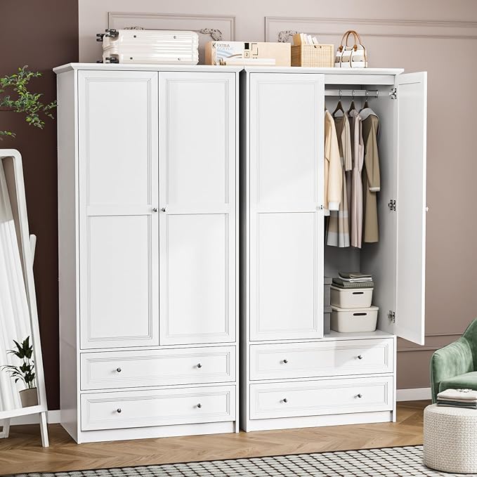 VINGLI Wardrobe Closet with 2 Doors and 2 Drawers, 72" H Wardrobe Cabinet Closet, Freestanding Clothing Storage Cabinet, Wooden White Bedroom Armoire, Combination for Hanging Clothes