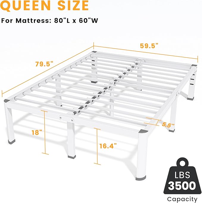 Superay 18 Inch Queen Size Metal Bed Frame with Round Corners, Storage Space Under High Bed Frame-Heavy Duty Steel Slats Support, Noise Free - Easy Assembly - No Box Spring Needed,White