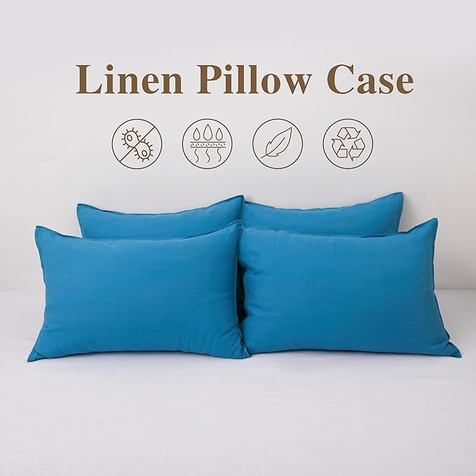 CHUFFED Linen Pillowcases 2 Pack 100% Linen Standard Pillow Cases, Breathable and Cooling Washed Pillowshams with Zipper Closure, 20x30 Inches,Blue