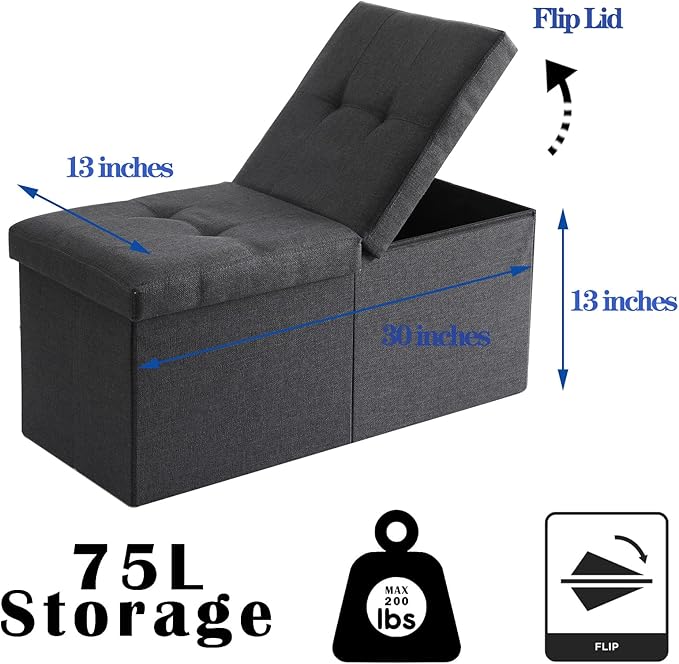 Storage Ottoman Bench Foldable Seat Footrest Shoe Bench End of Bed Storage with Flipping Lid, 75L Storage Space, 30 inches Linen Fabric Dark Grey